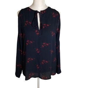 LOFT Small Navy Blouse with Red Floral Pattern
